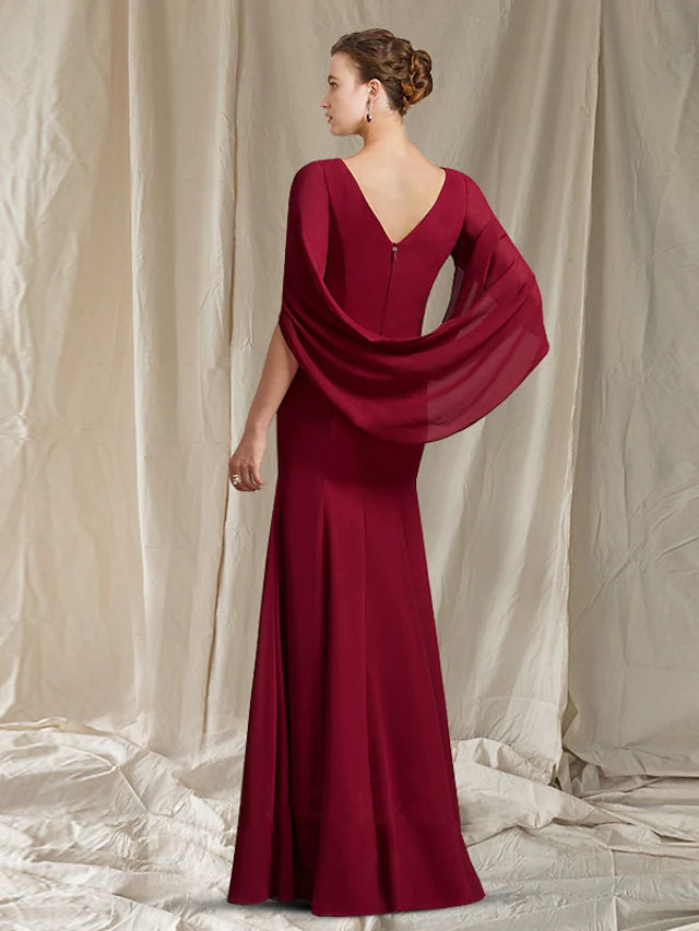 Luolandi Mother of the Bride Dress Elegant Jewel Neck Floor Length Chiffon Half Sleeve with Ruched Burgundy