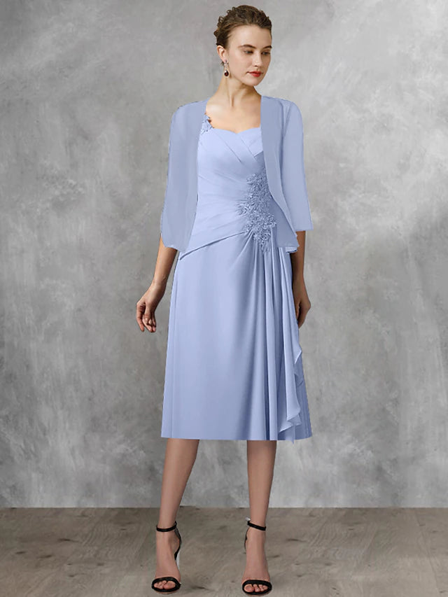 Luolandi Two Piece A-Line Mother of the Bride Dress Wedding Guest Elegant Square Neck Tea Length Chiffon Lace Half Sleeve Wrap Included with Appliques