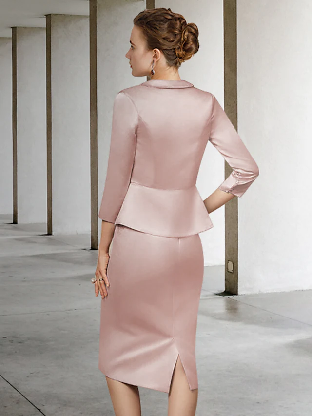 Luolandi Mother of the Bride Dress Elegant Jewel Neck Knee Length Lace Satin Length Sleeve with Appliques Dusty Rose