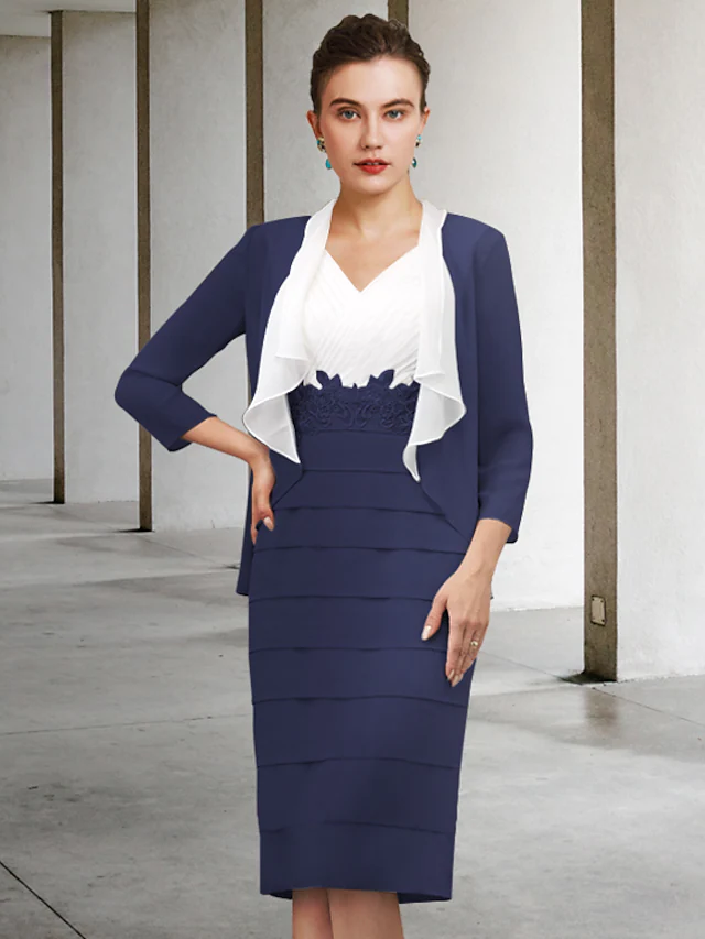 Luolandi Mother of the Bride Dress Elegant V Neck Knee Length Chiffon Long Sleeve with Appliques Dark Navy
