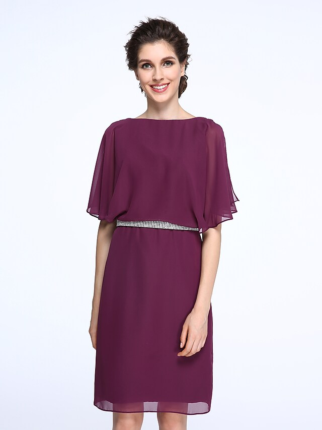 Luolandi Mother of the Bride Dress Elegant Bateau Neck Knee Length Chiffon Half Sleeve with Crystals Grape