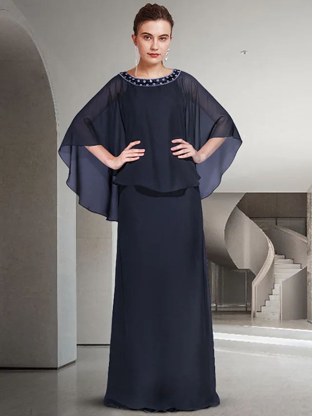 Luolandi Mother of the Bride Dress Elegant Jewel Neck Floor Length Chiffon Long Sleeve with Ruffles Dark Navy