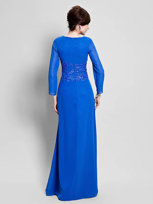 Luolandi Mother of the Bride Dress Vintage Inspired Cowl Neck Floor Length Chiffon Long Sleeve with Appliques Ocean Blue