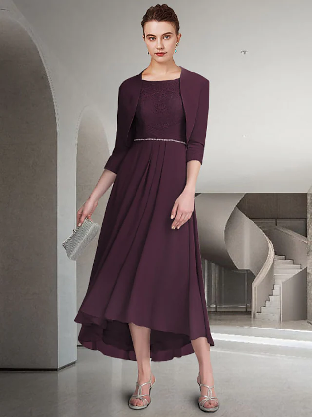 Luolandi A-Line Mother of the Bride Dress Elegant Jewel Neck Tea Length Chiffon Satin Half Sleeve with Pleats