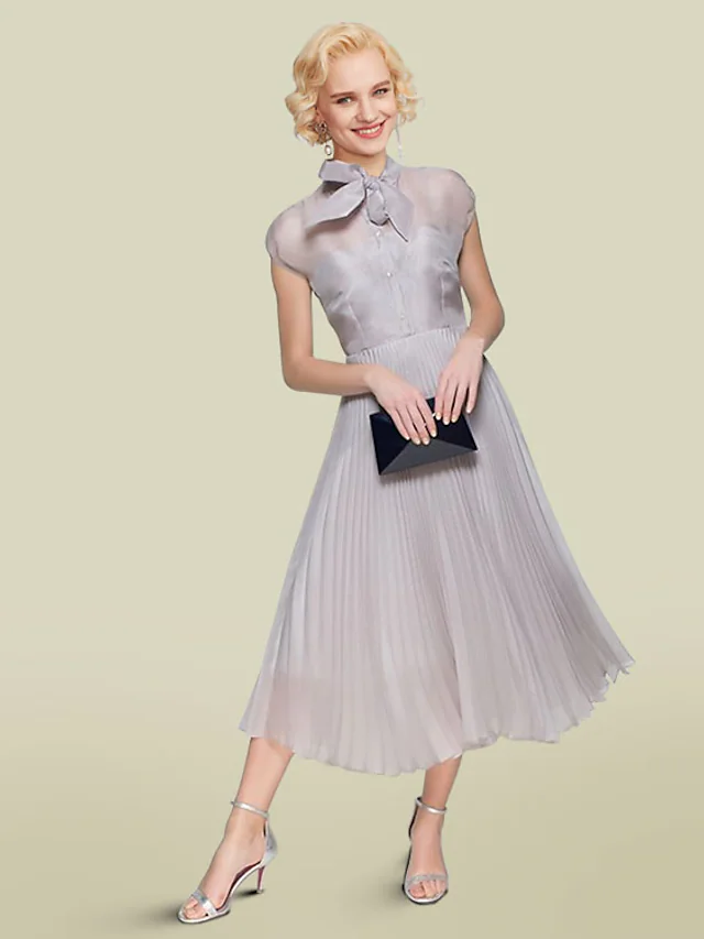 Luolandi A-Line Mother of the Bride Dress Elegant Jewel Neck Tea Length Organza Short Sleeve with Bow(s)  Light gray