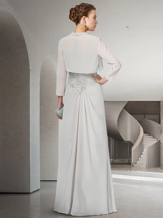 Luolandi Mother of the Bride Dress Elegant Jewel Neck Floor Length Chiffon Lace Length Sleeve with Appliques