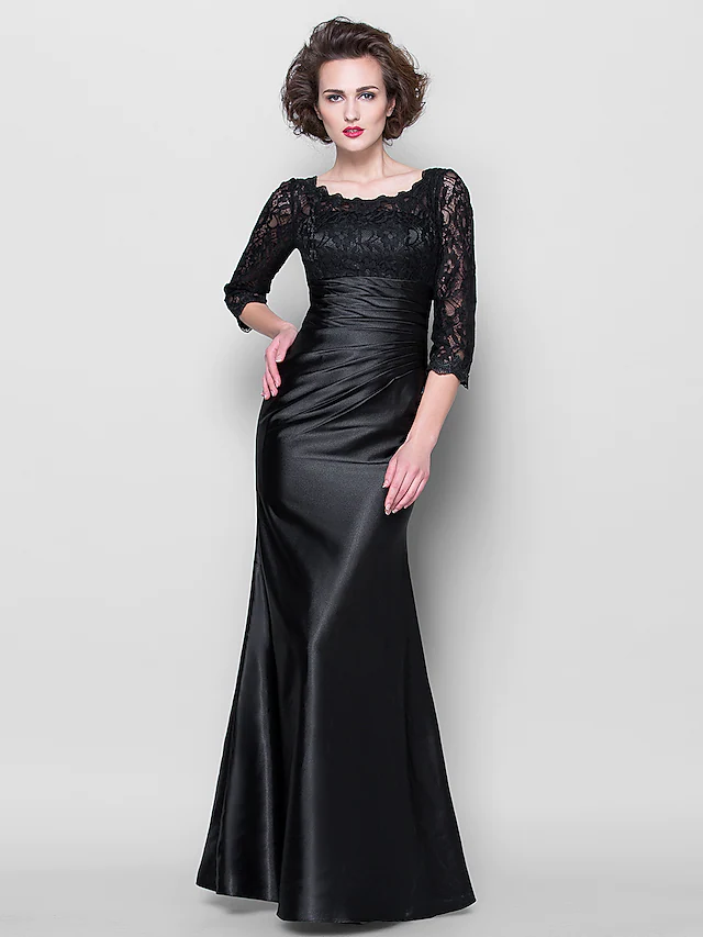 Luolandi Mother of the Bride Dress See Through Jewel Neck Floor Length Satin Lace Over Satin Length Sleeve with Lace
