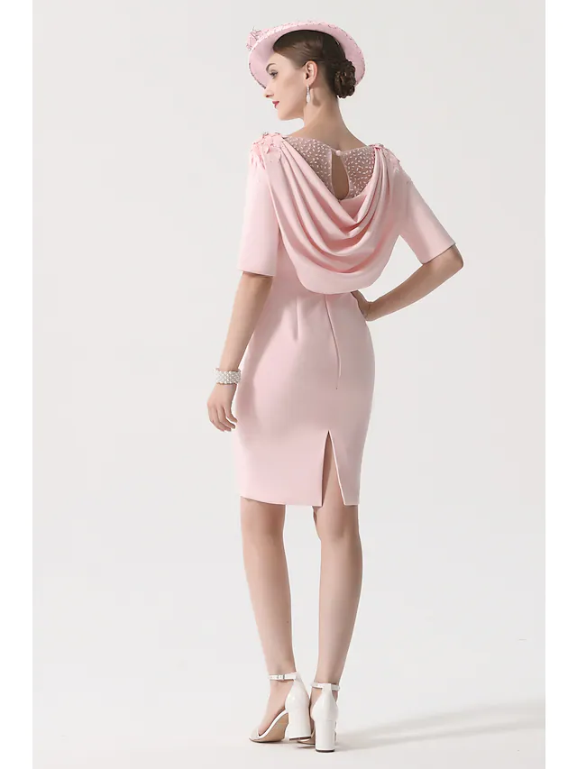 Luolandi Mother of the Bride Dress Elegant Jewel Neck Knee Length Satin Half Sleeve with Appliques Excluding Hat