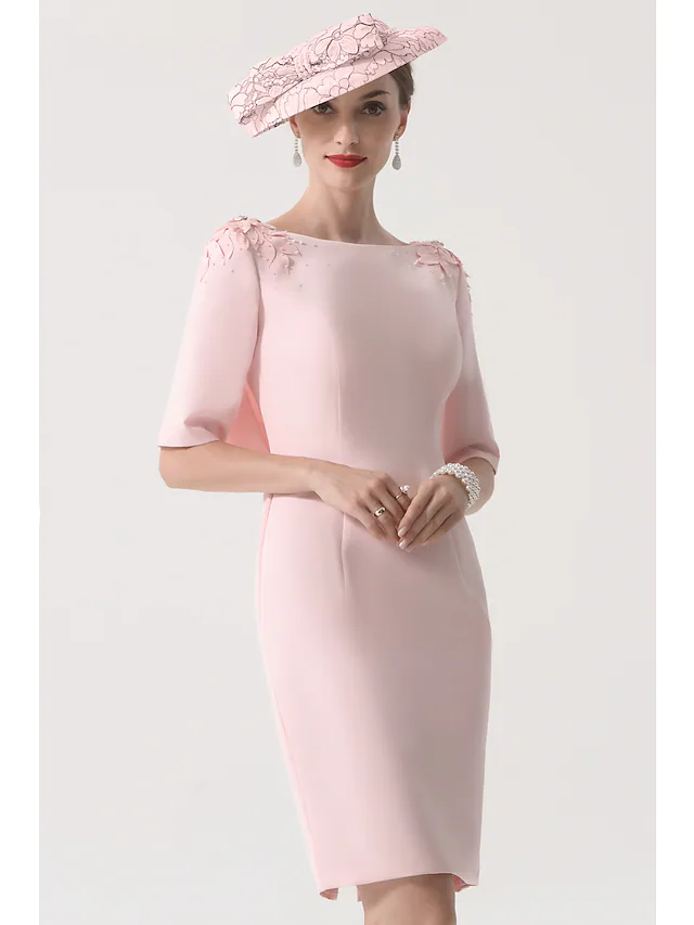 Luolandi Mother of the Bride Dress Elegant Jewel Neck Knee Length Satin Half Sleeve with Appliques Excluding Hat