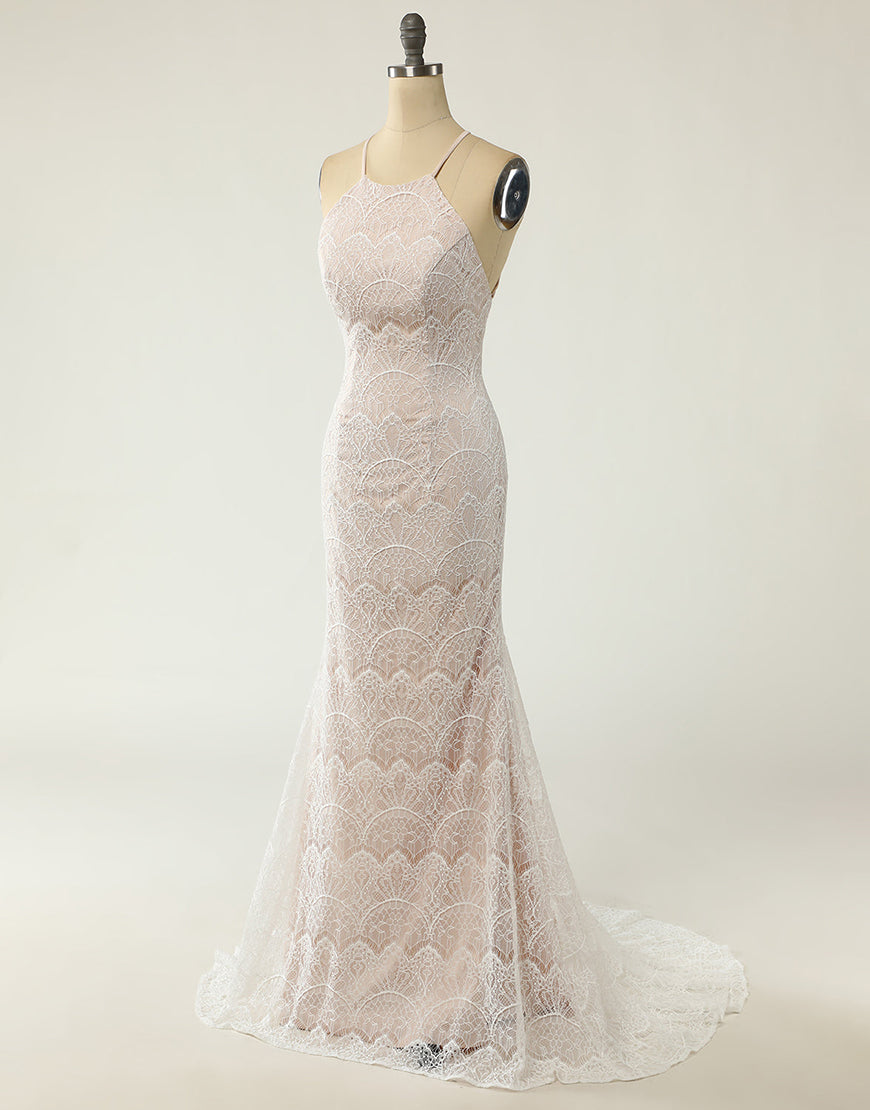 Luolandi Mermaid Halter Lace Wedding Dress with Sweep Train Floor Length Beautiful