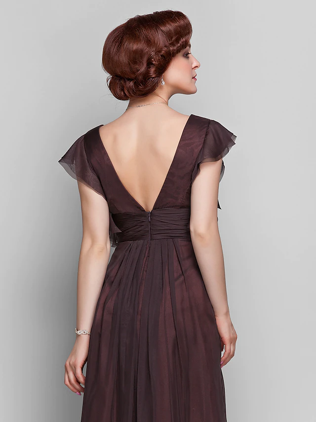 Luolandi Mother of the Bride Dress Beautiful Back V Neck Floor Length Chiffon Short Sleeve with Criss Cross Ruched Draping Pure Color