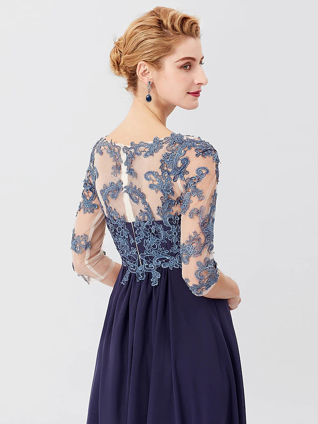 Luolandi Ball Gown A-Line Mother of the Bride Dress Formal Plus Size Elegant V Neck Floor Length Chiffon Sheer Lace 3/4 Length Sleeve with Appliques