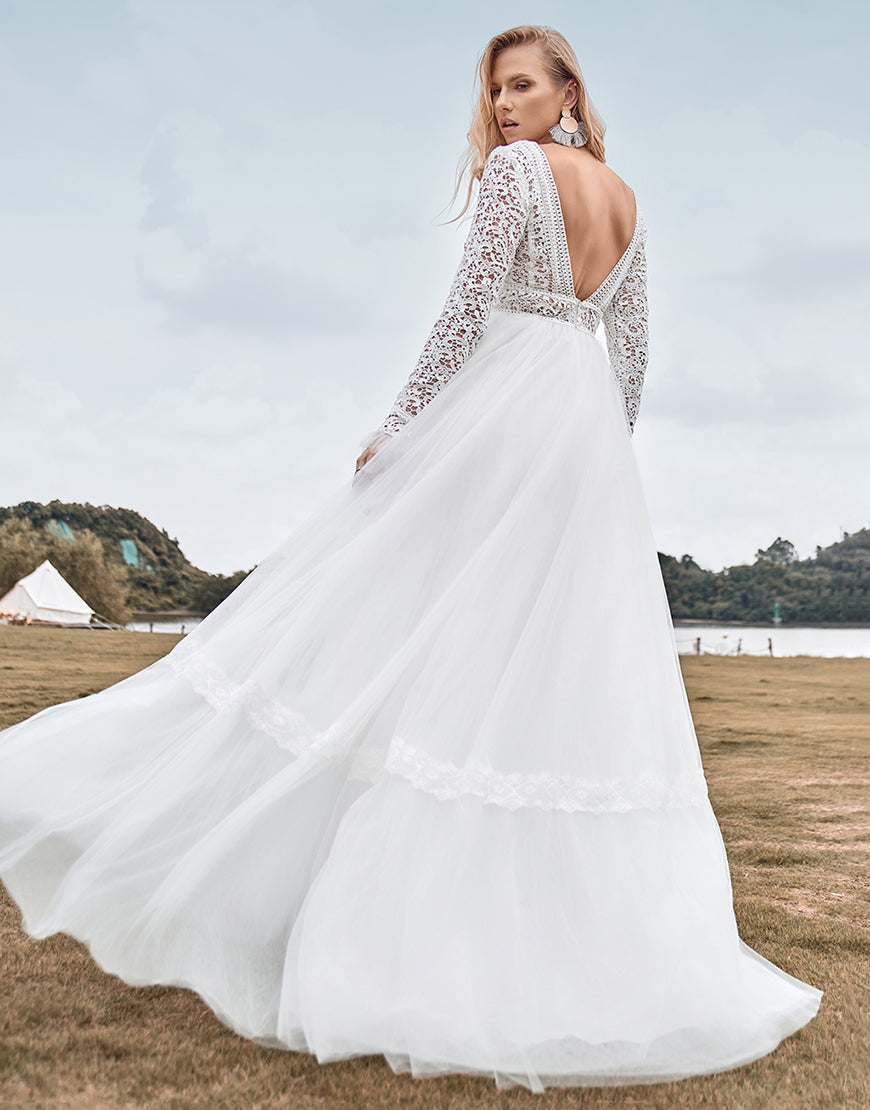Luolandi Lace Long Sleeves Deep V-neck Boho Wedding Dress with Backless Floor Length Sexy