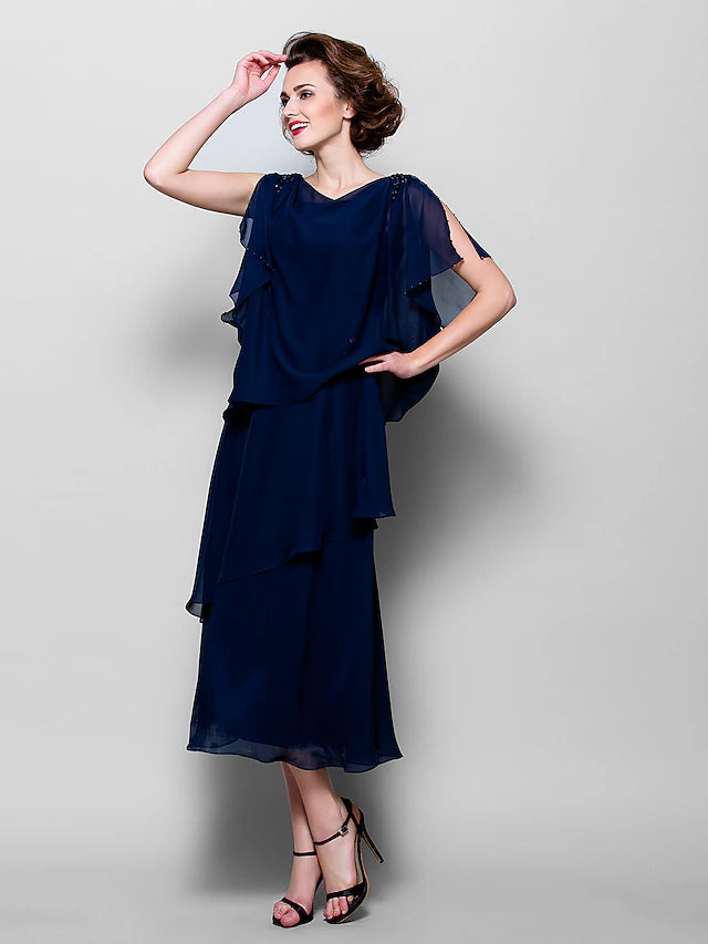 Luolandi A-Line Mother of the Bride Dress Plus Size Elegant Cowl Neck Tea Length Chiffon Short Sleeve with Ruffles Crystal