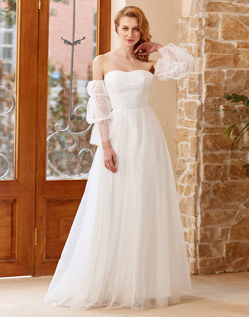 Luolandi A Line Off the Shoulder Wedding Dress with Long Sleeves Floor Length