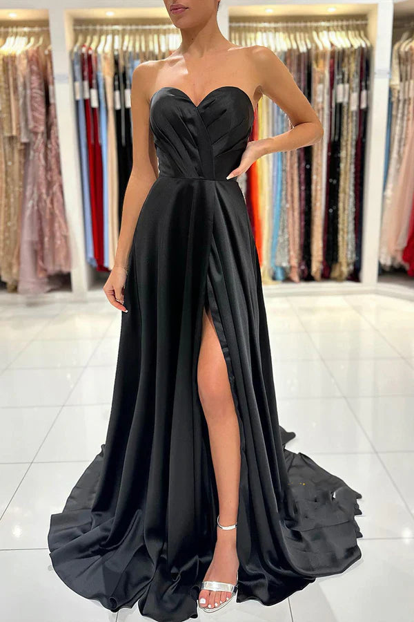 Luolandi Aline Sweetheart pleated side slit black long formal evening dress Off Shoulder Sexy