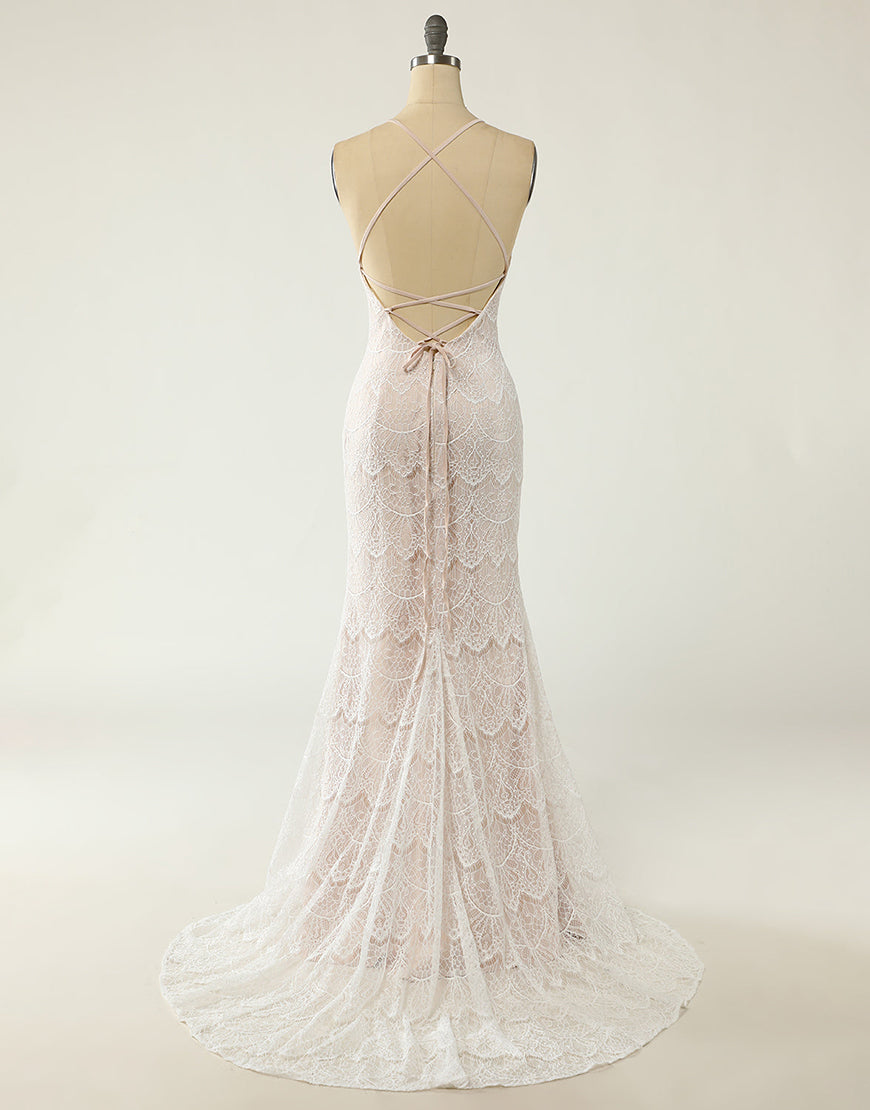 Luolandi Mermaid Halter Lace Wedding Dress with Sweep Train Floor Length Beautiful