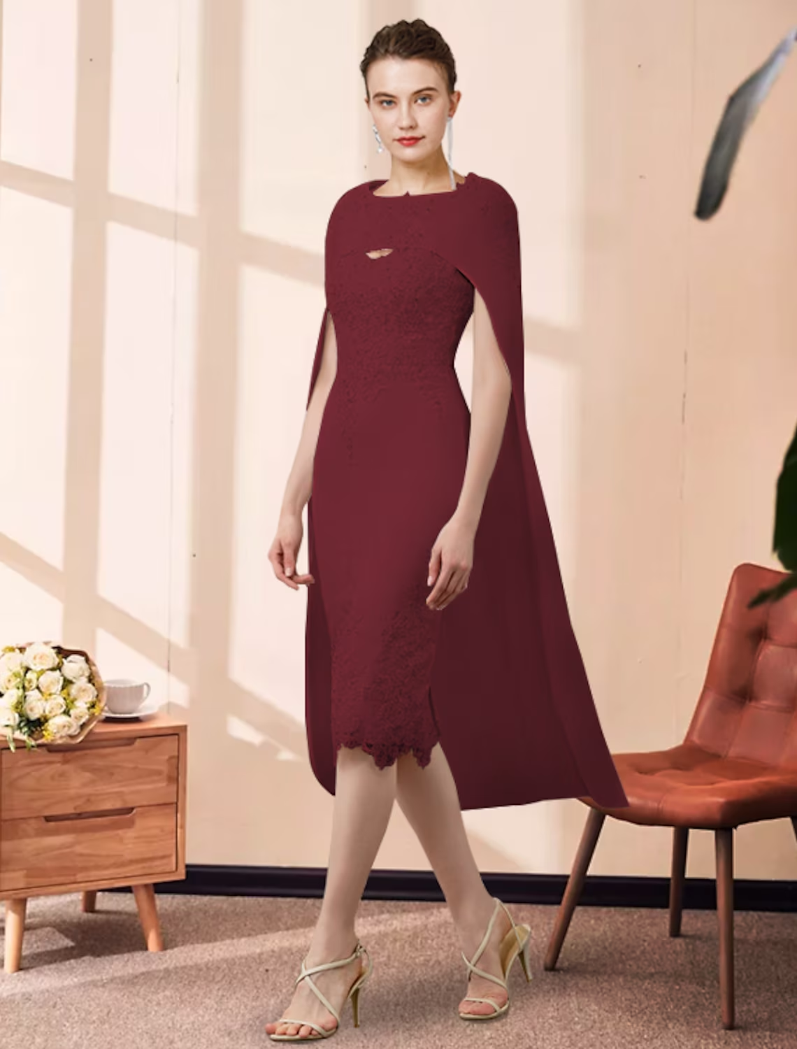 Luolandi Two Piece Sheath / Column Mother of the Bride Dress Church Elegant Jewel Neck Knee Length Sleeveless with Appliques