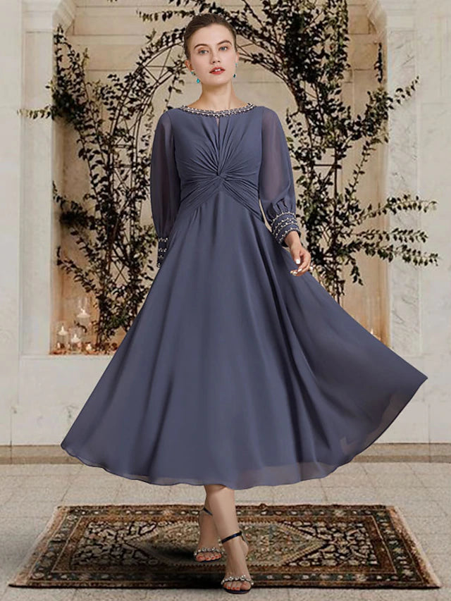 Luolandi A-Line Mother of the Bride Dress Elegant Jewel Neck Tea Length Chiffon Long Sleeve with Beading Pure Color