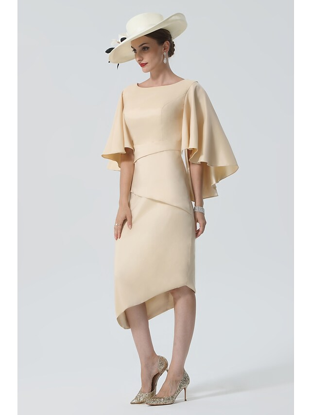 Luolandi Mother of the Bride Dress Elegant Jewel Neck Knee Length Charmeuse Half Sleeve with Tier Pure Color