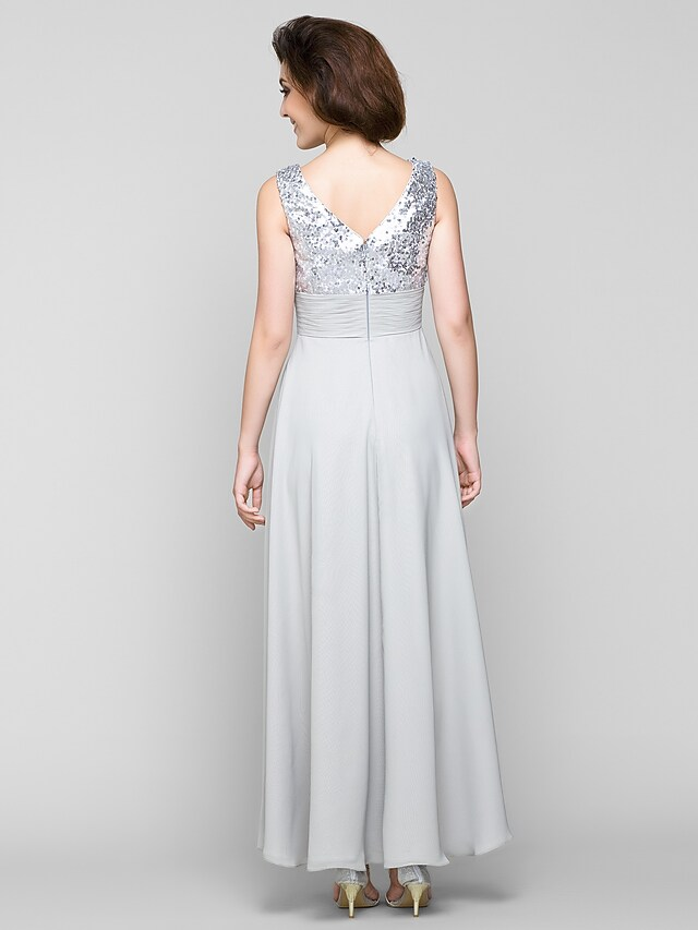 Luolandi A-Line Mother of the Bride Dress Sparkle & Shine Bateau Neck Ankle Length Chiffon Sleeveless with Sash Ribbon