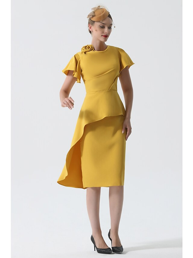 Luolandi Mother of the Bride Dress Elegant Cowl Neck Knee Length Satin Short Sleeve