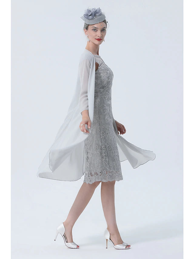 Luolandi Two Piece Mother of the Bride Dress Church Vintage Plus Size Sexy Jewel Neck Tea Length Chiffon 3/4 Length Sleeve