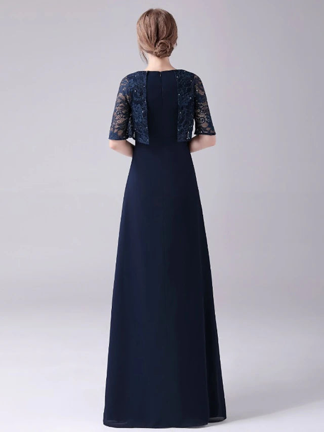 Luolandi A-Line Mother of the Bride Dress Elegant Sweet Jewel Neck Floor Length Chiffon Half Sleeve with Lace