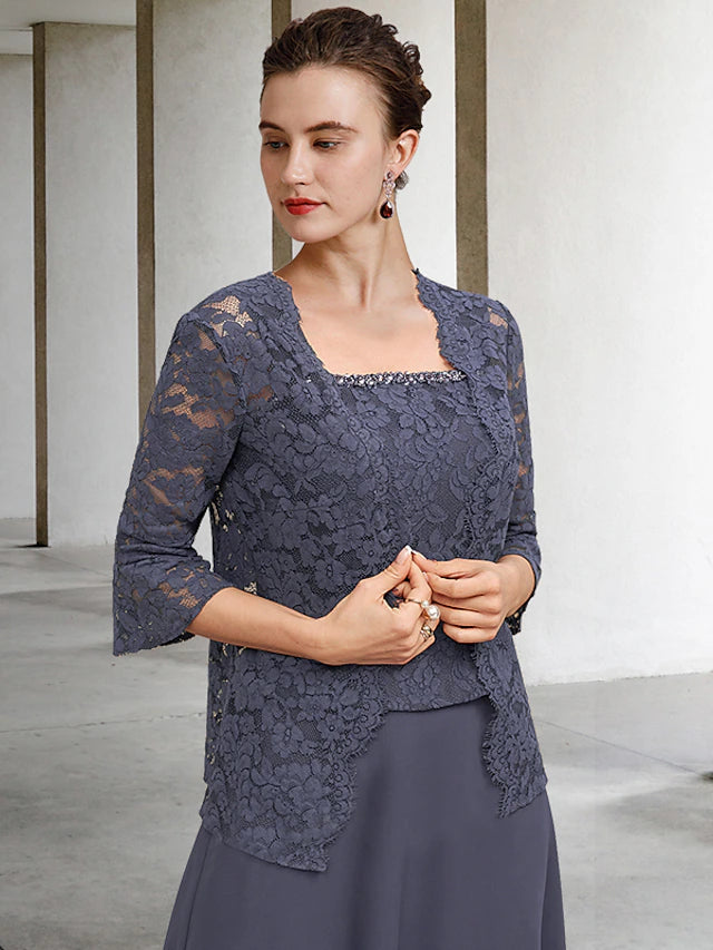 Luolandi A-Line 3 Piece Mother of the Bride Dress Plus Size Elegant Square Neck Tea Length Chiffon Lace Sleeveless Wrap Included Jacket Dresses with Crystals