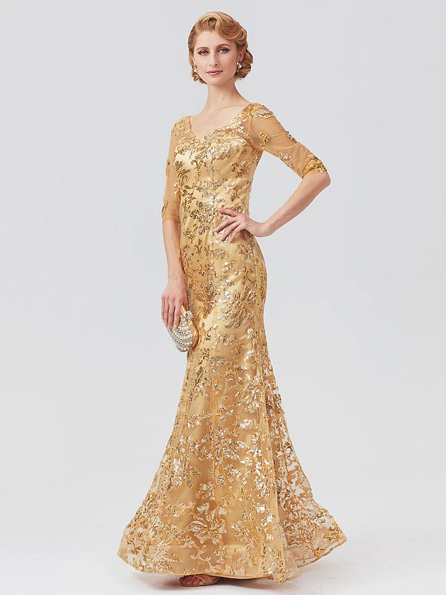 Luolandi Mermaid / Trumpet Mother of the Bride Dress Elegant Sparkle & Shine V Neck Floor Length Tulle Sequined Half Sleeve