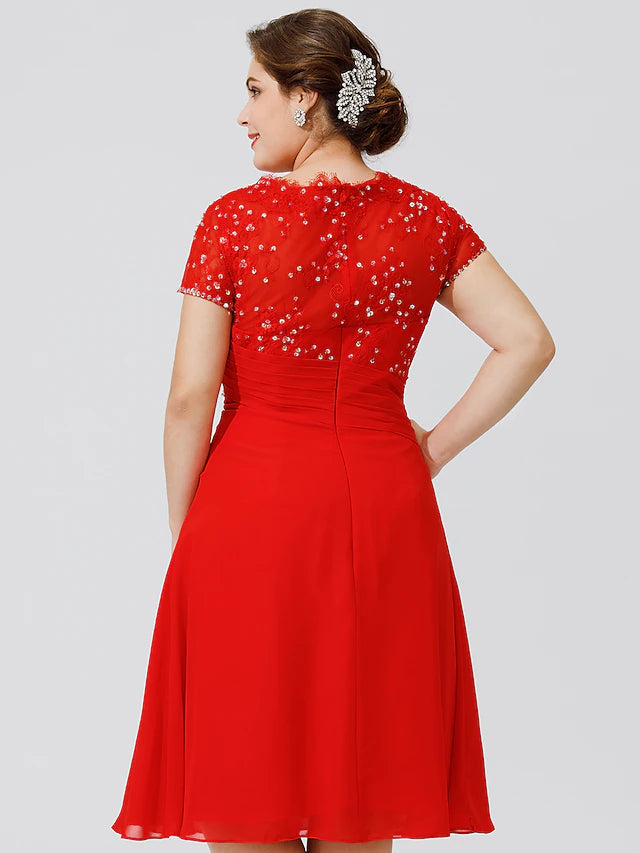 Luolandi A-Line Mother of the Bride Dress Elegant & Luxurious Beautiful Back Plus Size Jewel Neck Knee Length Chiffon Beaded Lace Short Sleeve No with Pleats Beading