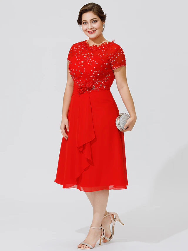 Luolandi A-Line Mother of the Bride Dress Elegant & Luxurious Beautiful Back Plus Size Jewel Neck Knee Length Chiffon Beaded Lace Short Sleeve No with Pleats Beading