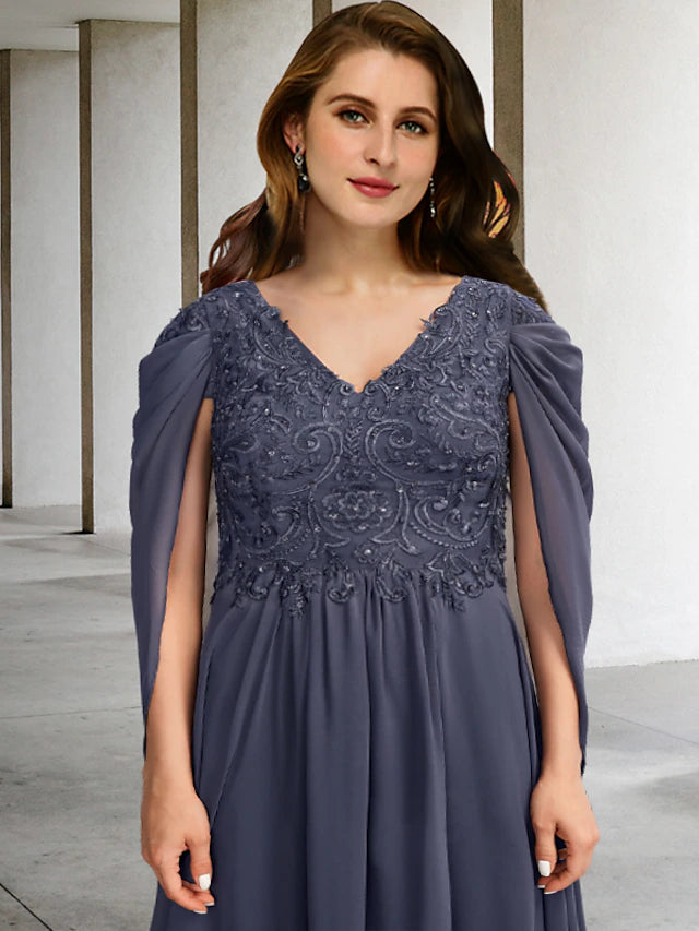 Luolandi A-Line Plus Size Curve Mother of the Bride Dresses Elegant Dress Formal Floor Length Short Sleeve V Neck Chiffon with Pleats Beading