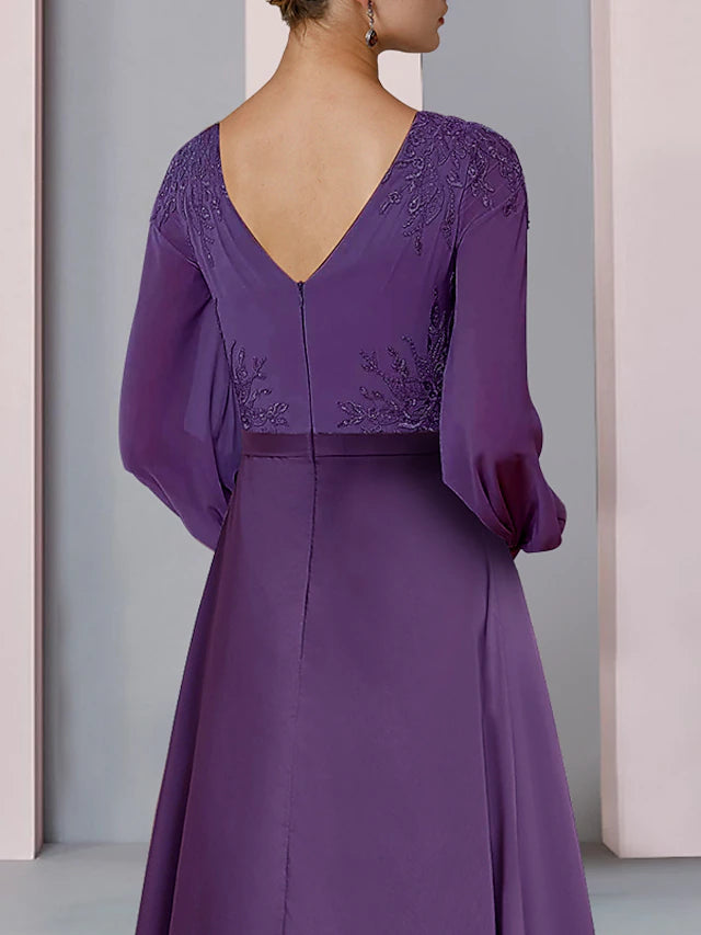 Luolandi Sheath / Column Mother of the Bride Dress Wedding Guest Party Elegant V Neck Asymmetrical Chiffon Lace Long Sleeve