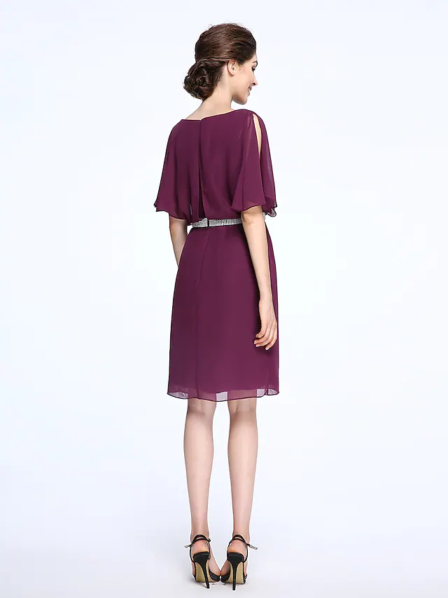 Luolandi Mother of the Bride Dress Elegant Bateau Neck Knee Length Chiffon Half Sleeve with Crystals Grape