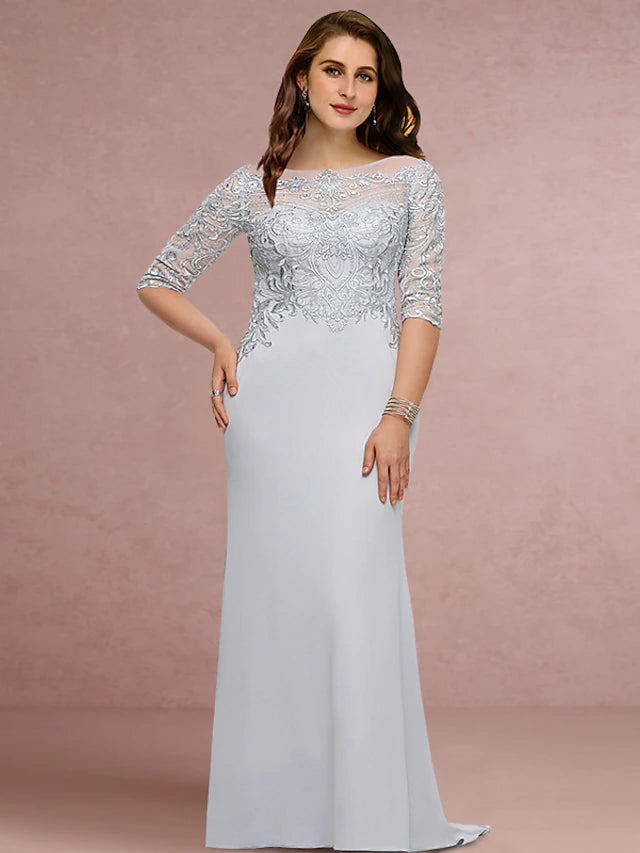 Luolandi Plus Size Curve Mother of the Bride Dress Wedding Guest Vintage Elegant Scoop Neck Sweep / Brush Train Chiffon Lace Half Sleeve