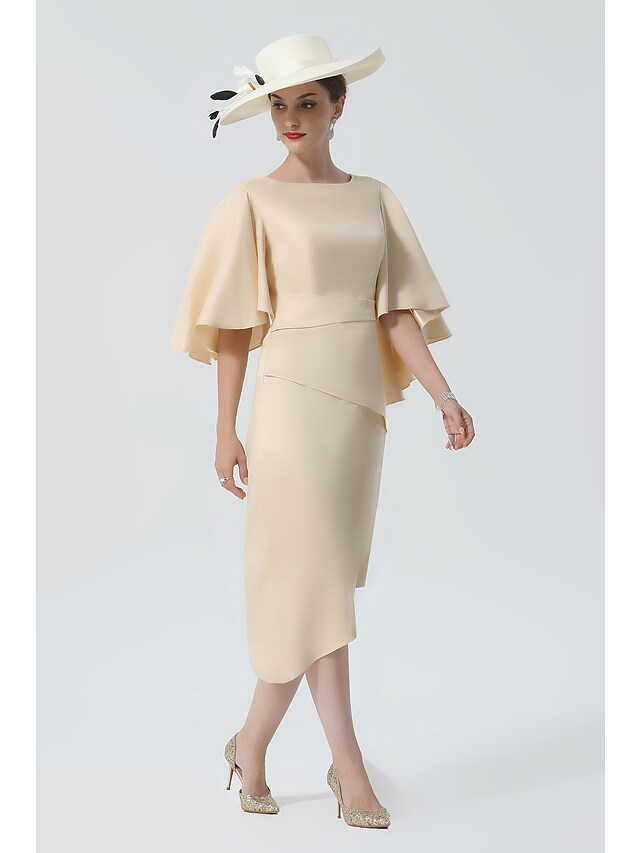 Luolandi Mother of the Bride Dress Elegant Jewel Neck Knee Length Charmeuse Half Sleeve with Tier Pure Color