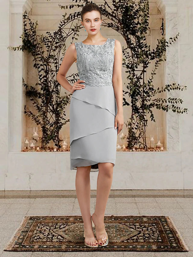 Luolandi Two Piece Sheath / Column Mother of the Bride Dress Church Elegant Square Neck Jewel Neck Knee Length Chiffon Lace Sleeveless Wrap Included
