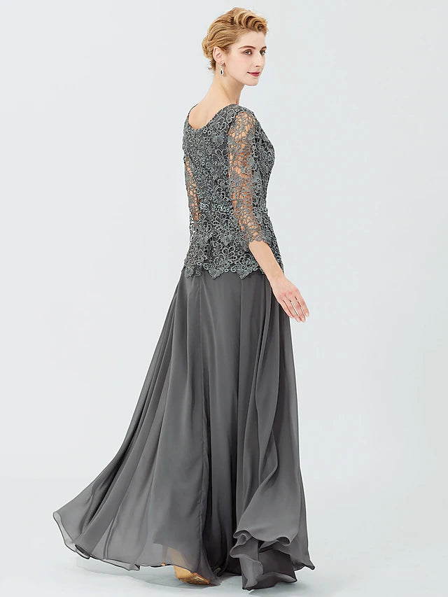 Luolandi Ball Gown A-Line Mother of the Bride Dress Formal Classic & Timeless Elegant & Luxurious Elegant Scoop Neck Floor Length Chiffon Corded Lace 3/4 Length Sleeve with Beading