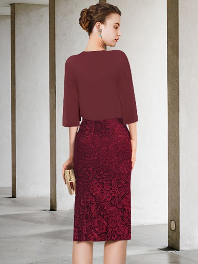 Luolandi Two Piece Sheath / Column Mother of the Bride Dress Formal Wedding Guest Party Elegant Off Shoulder Knee Length Chiffon Lace Short Sleeve