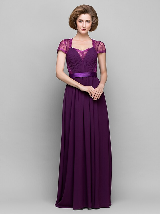 Luolandi A-Line Mother of the Bride Dress Square Neck Floor Length Chiffon Lace Short Sleeve with Lace Grape