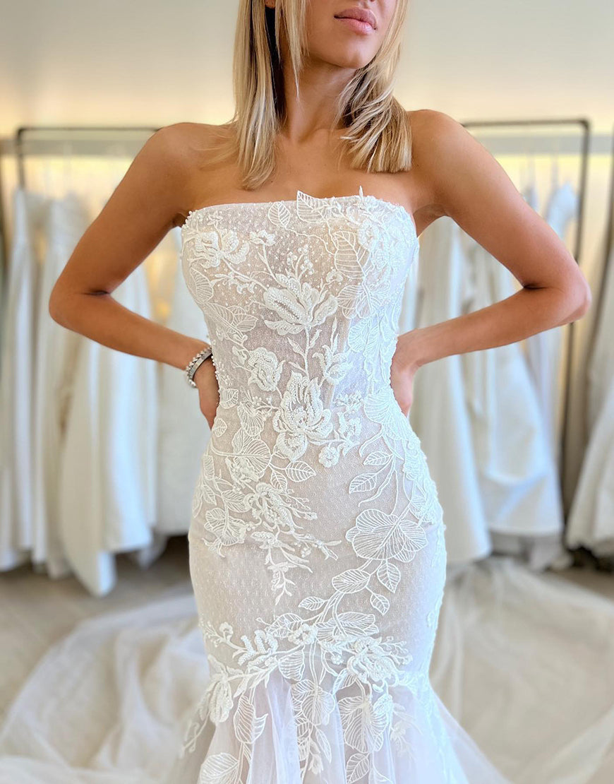 Luolandi Mermaid Strapless Tulle Long Wedding Dresses with Appliques Off Shoulder