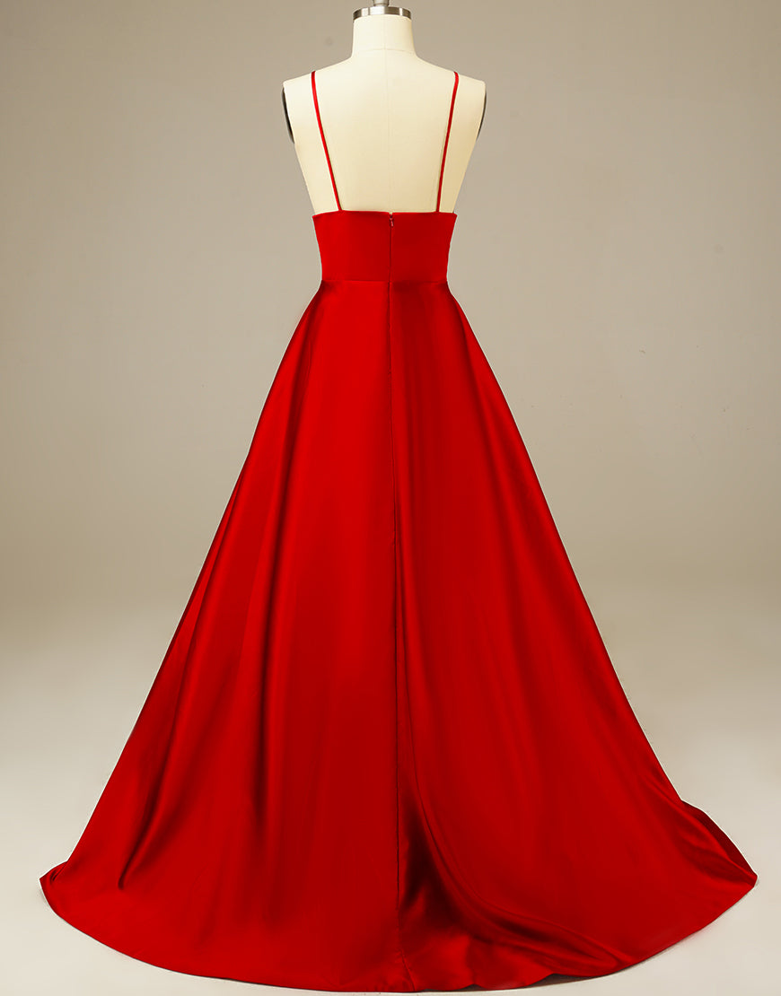 Luolandi Simple Long Satin Red Prom Dress V-neck Floor Length Sexy Evening Dresses