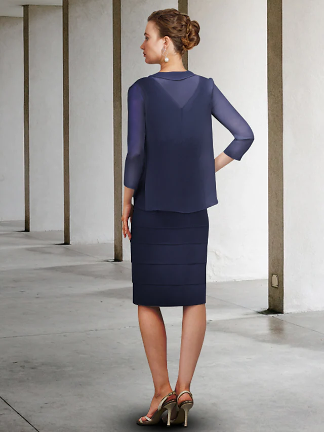 Luolandi Mother of the Bride Dress Elegant V Neck Knee Length Chiffon Long Sleeve with Appliques Dark Navy