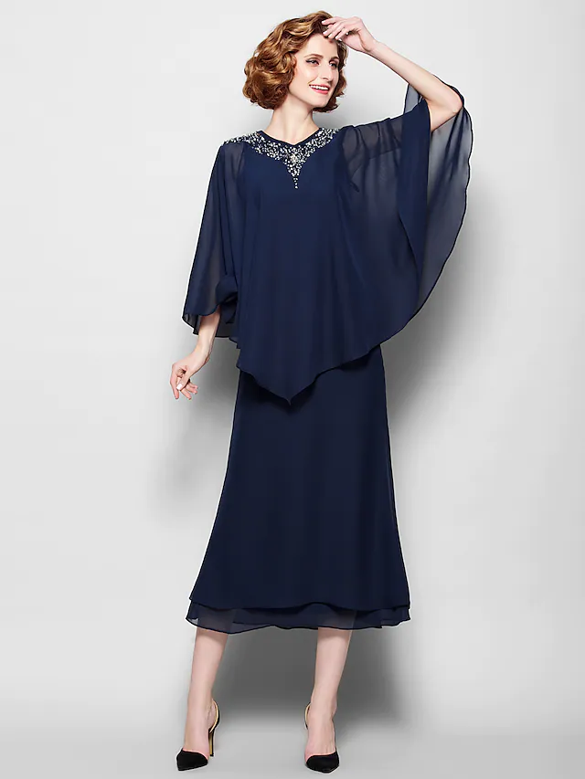 Luolandi Mother of the Bride Dress V Neck Tea Length Chiffon 3/4 Length Sleeve with Crystals Beading Dark Navy