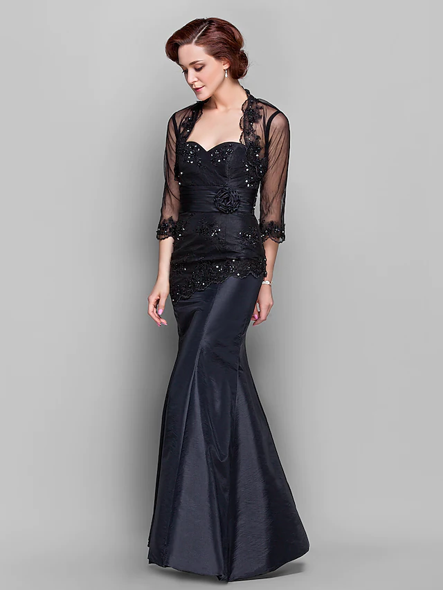 Luolandi Mother of the Bride Dress Wrap Included Sweetheart Neckline Floor Length Taffeta Tulle Length Sleeve with Lace Beading