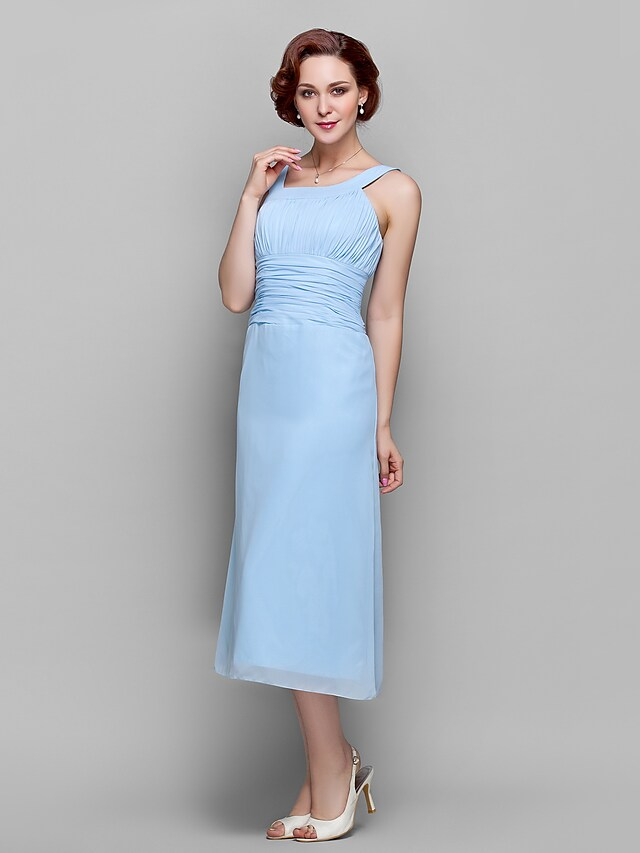 Luolandi Mother of the Bride Dress Elegant Straps Tea Length Chiffon Sleeveless with Ruched Draping Pure Color