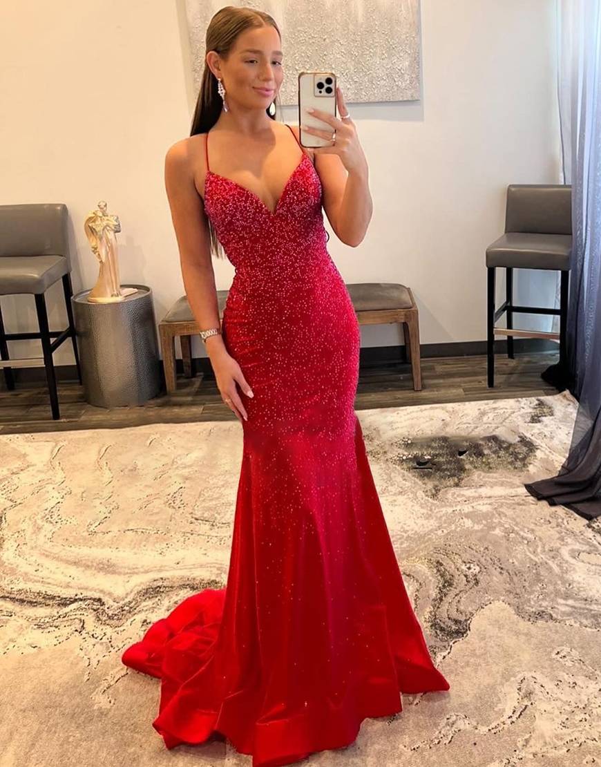 Luolandi V-neck Beaded Mermaid Long Prom Dress Sexy Evening Dresses Charming