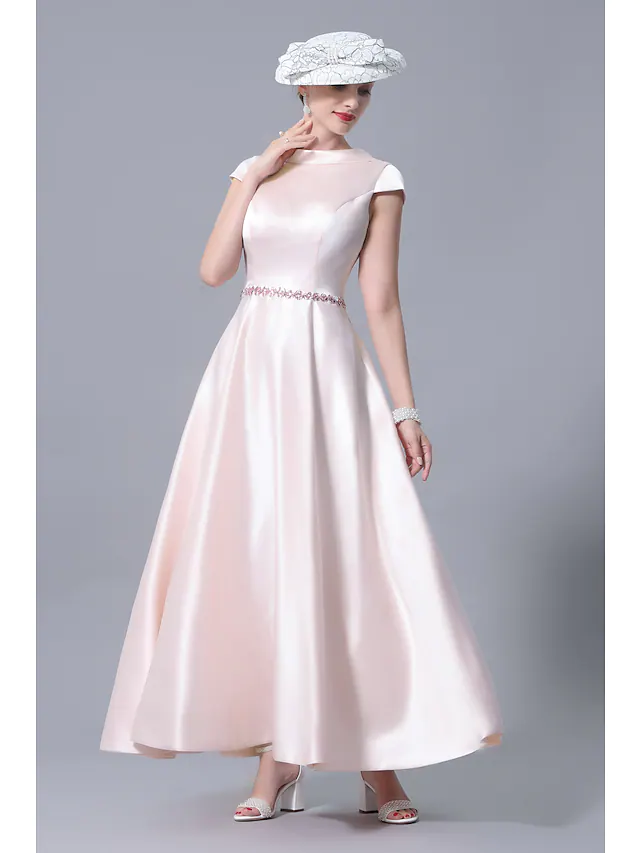 Luolandi A-Line Mother of the Bride Dress Plus Size Cowl Neck Ankle Length Satin Short Sleeve with Crystals Open Back