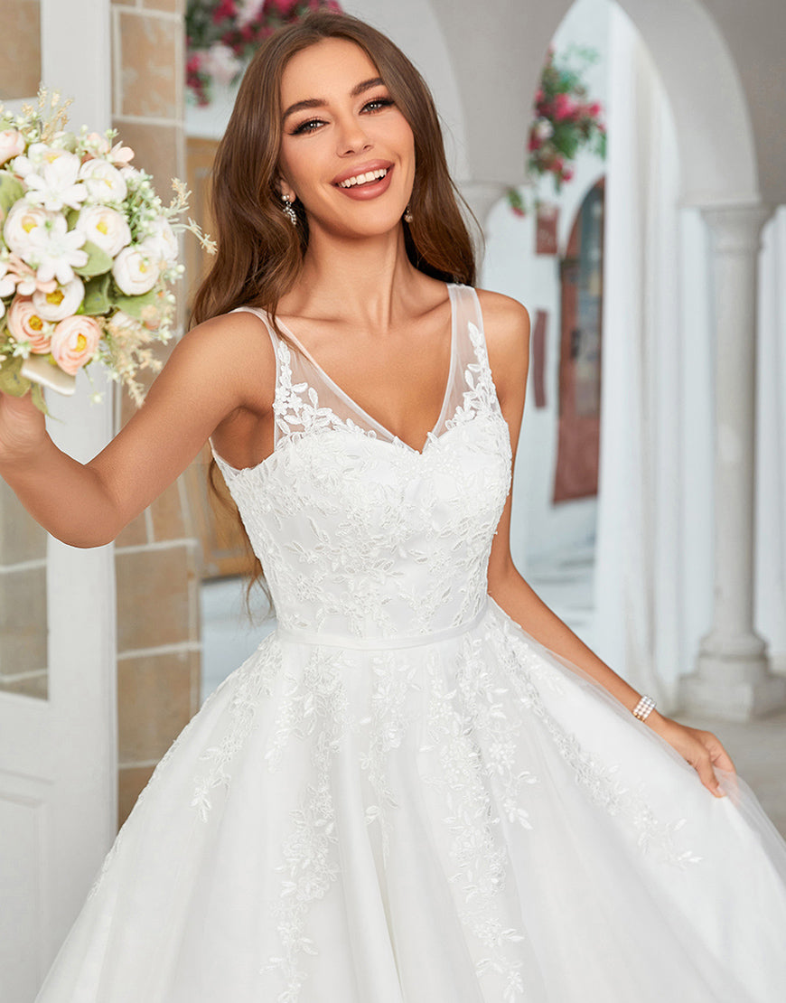 Luolandi Mid-Calf Tulle Wedding Dress with Lace Short Sexy